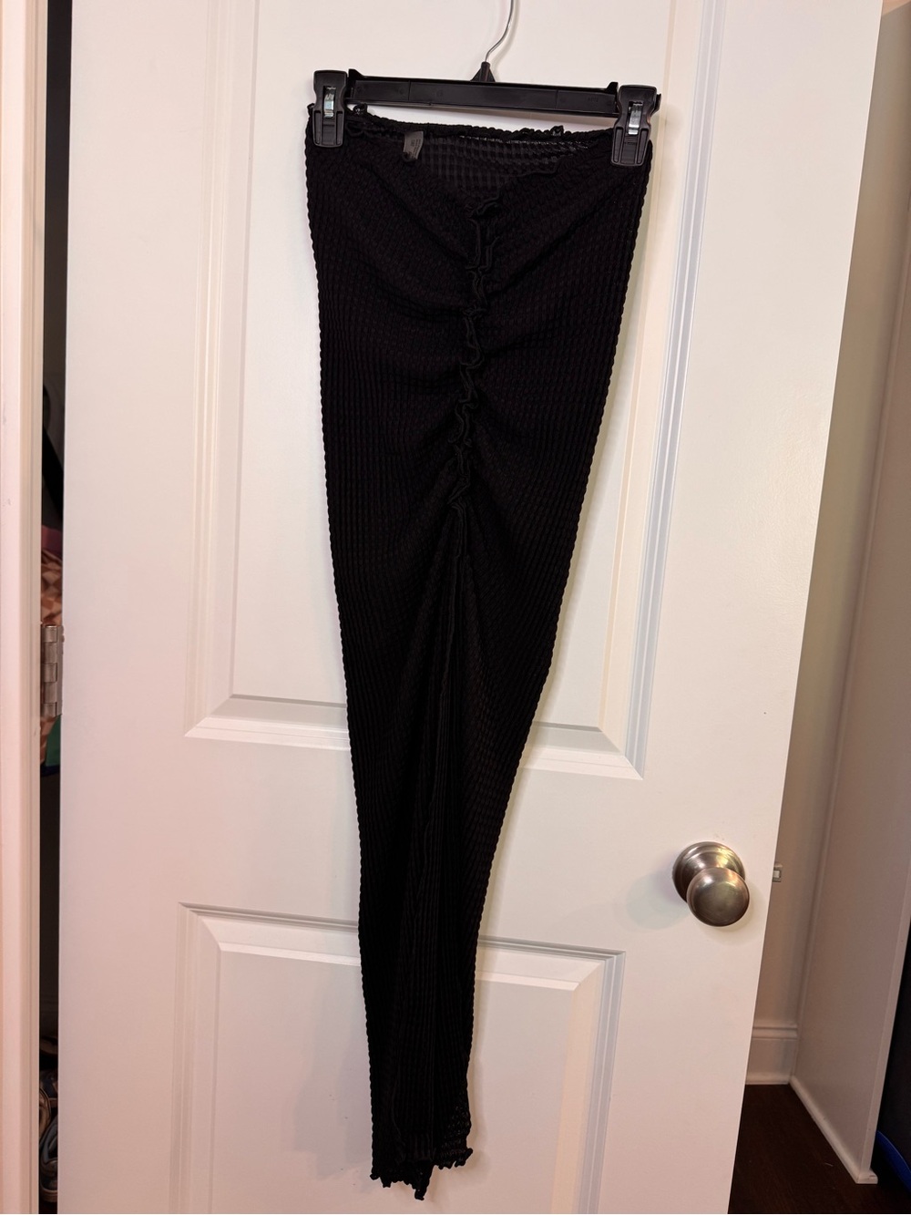 Black Ruched Waffle Knit Maxi Skirt